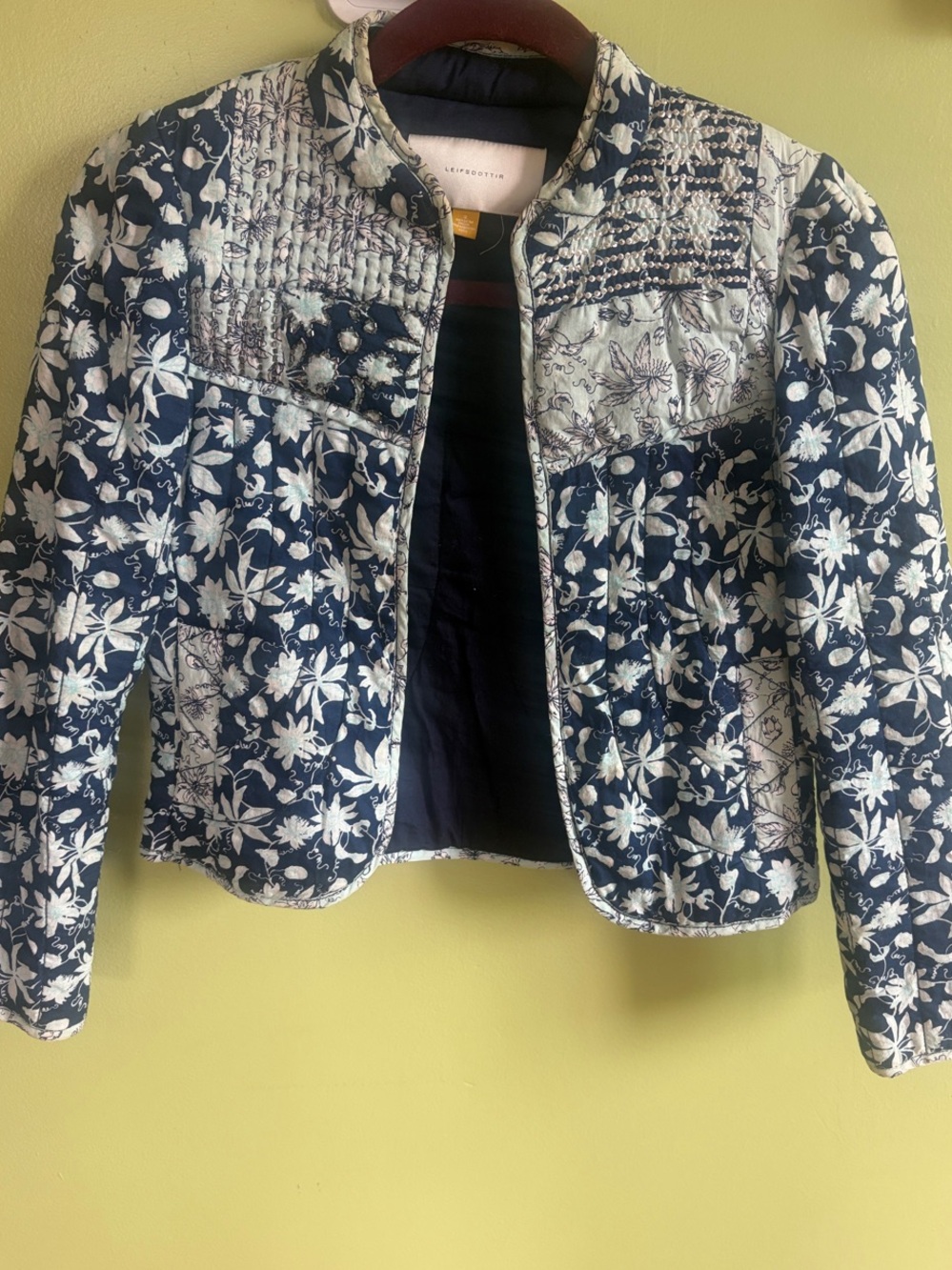 Anthropologie Navy & White Quilted Floral Bomber Jacket